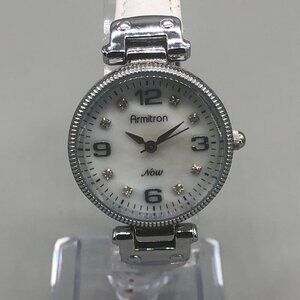 3/$30 Armitron Watch Women Silver Crystal Hour Markers White Leather Band 9"